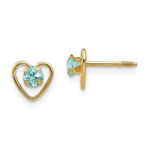 14k Yellow Gold Madi K 3mm Genuine March  Aquamarine Birthstone Heart Earrings